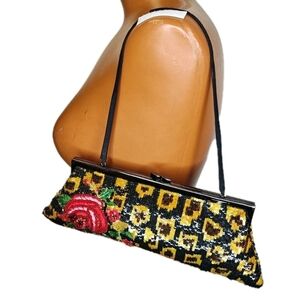 Marco Santi Embellished Sequined Red Floral Clutch Purse Gunmetal Kiss Lock Top